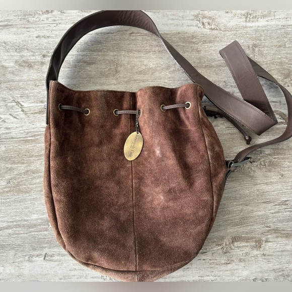 Vintage 90s Kenneth Cole Brown Leather Suede Drawstring Bucket Bag - Picture 1 of 10